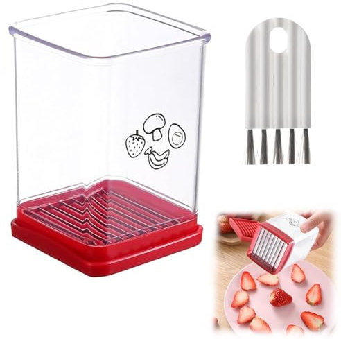 Fruit Slicer, Fruit Cutter, Cup Slicer Fruit and Vegetable Speed Slicer with Bottom Push Plate Portable Slicing Tool with Cleaning Brush for Strawberry/Banana/Vegetable Kitchen Gadgets