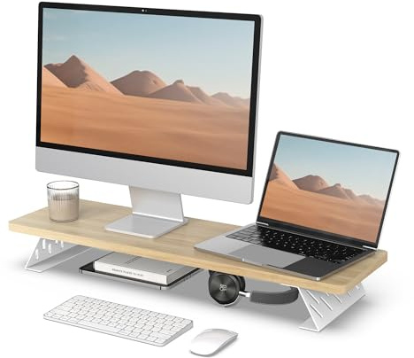 Fenge Réhausseur d'Écran d'Ordinateur, Dual Support de Moniteur Portable, Pour 2 Moniteurs, PC, TV, Ordinateur, Imprimante, 80×23,5×10cm, Charge de 25KG, Chêne