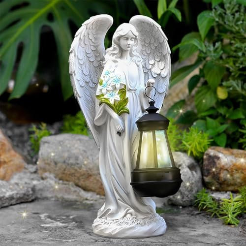 Tuzsocr Statue du Jardin des Anges,Sculpture d'ange Féérique,Figurine Ange Gardien avec Lanterne LED Solaire,Auto-on,Ange Tombe pour Terrasse,Pelouse,Cour,Pendaison de crémaillère,Funèbre