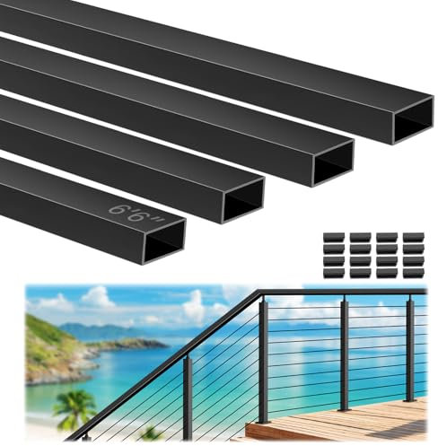 Gyykzz 6'6 Aluminum Black Handrail Prefect for Coastal Project, 4 Pack Rectangular Flat Top Hand Rail for Outdoor Deck Stair Seaside Cable Railing System, Cuttable Deck Top Railing With Extra End Cap
