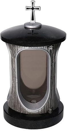 Élégante lanterne funéraire en granit noir suédois - Hauteur : 23 cm - Diamètre : 15 cm - Argenté - Avec croix
