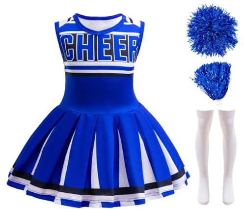 Dressy Daisy Little Girls Cheerleader Cheerleading Halloween Cheer Costume Dress Up Outfit Uniform with Poms Poms and Socks Size 4T - 5T, Blue