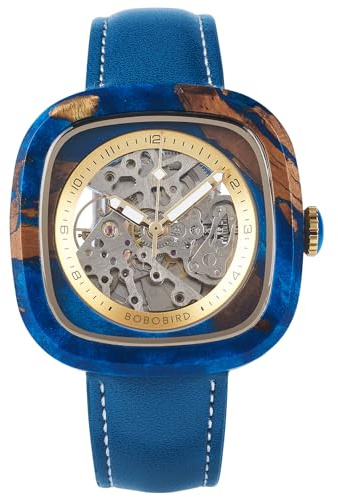 BOBO BIRD Mens Wooden Watches Square Skeleton Mechanical Watch, Automatic Self-Winding, Leather Strap, Multiple Colors (Blue)