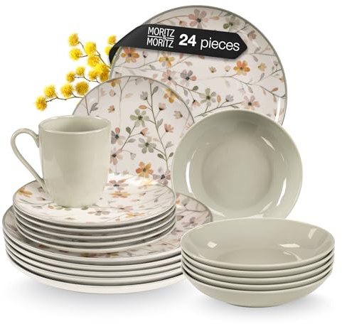 Moritz & Moritz Primavera Juego de vajilla de gres 6 personas 24 piezas - Moderno servicio de mesa con diseño juguetón, fácil de cuidar servicio de café con juego de platos, cuencos y tazas - Servicio
