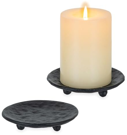 Inweder Cast Iron Pillar Candle Holder: 4.6 in Black Pillar Candle Plate Pedestal Stand Vintage Decorative Tray for 3 Wick Jar Candles Tealight Votive for Table Home Halloween Set of 2