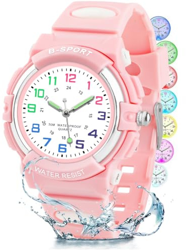 DTKID Montre Enfant Garçons et Filles, 7 Lumières Colorées Montre Enfant Analogique Quartz, Étanche 30M, Adaptée aux Enfants de 5 à 15 Ans