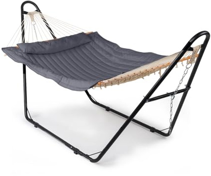 LEADZM Hängematte mit Gestell, Universelle Hängemattenhalterung aus Stahl, bis 250 kg, Großes Doppelstangen-Hängematten-Set - Graue, doppellagige Baumwollbettauflage, 315x133x101 cm