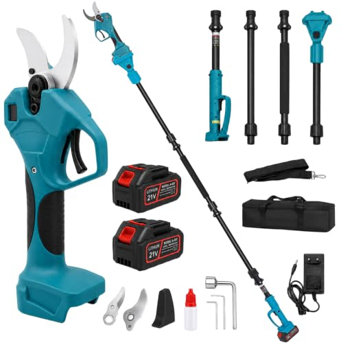 Tijera de podar telescópica con batería, con 21V 2 x 3,0Ah baterías y vara de extensión de 2,3 m, pantalla LCD, diámetro de corte de 40 cm, 3 ajustes de longitud, 6-8 horas de trabajo, tijera de