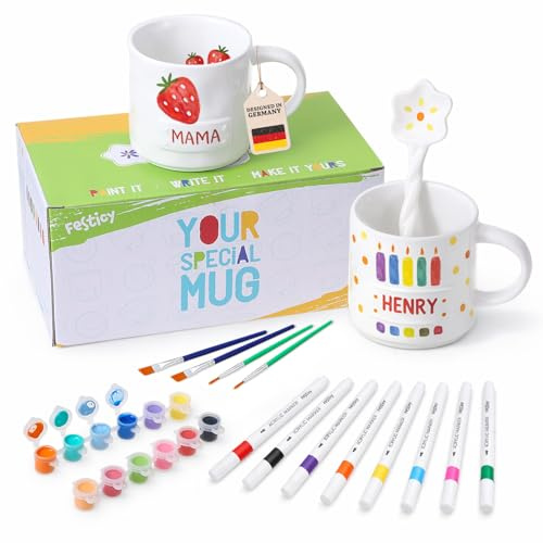 Festicy Set per Dipingere Tazze in Ceramica I 2 Tazze da 200 ml con 12 Colori, 8 Pennarelli e 4 Pennelli I Kit Creativo Adulti e Bambina I Idee Regalo Fai da Te I Hobby Creativi per Casa