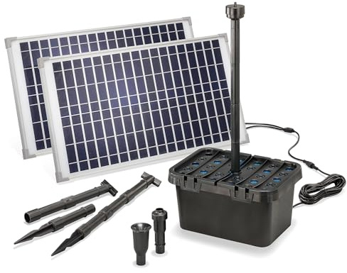 Esotec Solar Teichfilter 50/1700, Solar Teichfilterset mit 1700 l/h Teichpumpe, Unterwasserfilter für Gartenteiche bis 5000 l, 2x25Wp Solarmodule, Springbrunnen 100904