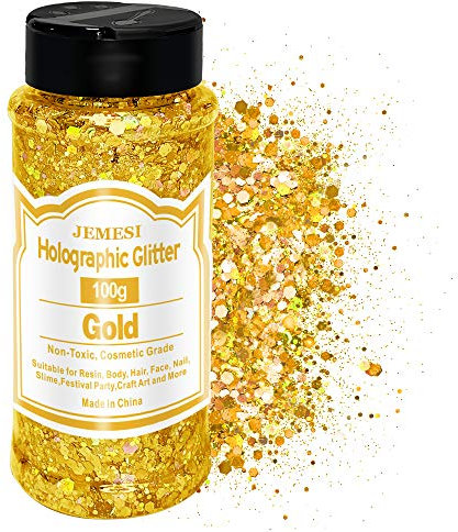JEMESI 100g Brillo Corporal, Purpurinas Polvo, Chunky Glitter Flakes Paillette Brillante Decoración para Cara Maquillaje Pelo Arte Corporal Uñas y Mejilla - Oro