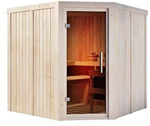 FinnTherm Innensauna Ina mit Eckeinstieg aus Holz Innensauna mit 68 mm Wandstärke Saunakabine Infrarotsauna