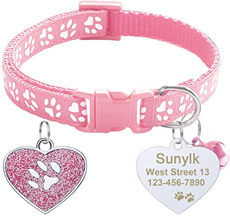 CAMAL Katzenhalsband mit Herzform Hundemarke Personalisiert, Katzenhalsband mit Sicherheitsverschluss und Glocke, Haustierhalsband für Katzen und Welpen Verstellbar 19–32 cm (Rosa)
