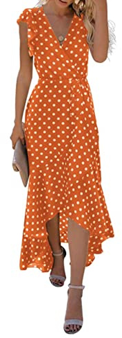 GRECERELLE Womens Summer Maxi Dress Boho Floral Cocktail Polka Dot Wrap Dresses V Neck Casual Party Bohemian Flowy Long Dress for Ladies (Polka Dots-Orange, L)