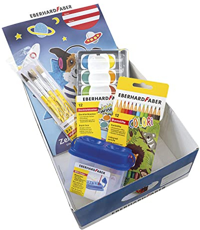 Eberhard Faber 560141 School Starter Box Including Colori Colouring Pencils and Winner Cover Paint Box in 12 Colours A4 Drawing Pad with 20 Sheets Water Cup Winner Brush Set with 4 Sizes and Timetable