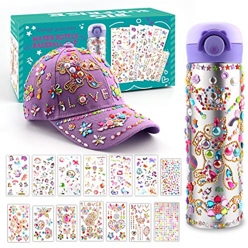 Geschenke für Mädchen DIY Trinkflasche Baseballkappe, Wasserflaschen Hut Selbst Gestalten Edelstein Einhorn Aufklebern, Einschulung Geburtstag Geschenk Mädchen 4 5 6 7 8 9 10 11 Jahre Bastelset
