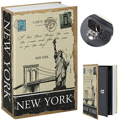Kasten Buchsafe mit Schlüsselschloss, Umlenkung geheimer versteckter Schlosskasten für Bargeldschmuck, künstlicher Buchtresor, 24,1 x 15,7 x 5,6 cm, New York