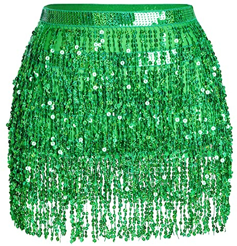 Belly Dance Hip Scarf Sequin Tassel Skirt Performance Outfits Sparkly Fringe Wrap Halloween Costume Party Rave Festival Skirt for Women and Girls, Green