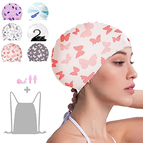 Crazy Bean Bonnet De Bain Femme Silicone Bonnet Piscine avec Bouchon d'oreille et Le Clip Nasal Extensible Confortable Cheveux Long(Papillon-Rose)