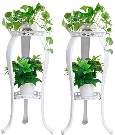 Cre Cra Soporte para Plantas Interior/Exterior con 2 Capas, Estante para Macetas Metálico en Blanco o Negro, Ideal para Sala de Estar, Jardín, Patio, Balcón, Porche, Pasillo, Esquina - ZHTY2104
