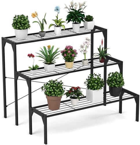 Scaffale per Piante a Scala in Metallo, Portafiori, Supporto Multiuso e Robusto per Fiori a 3 Livelli, Piedistallo per Piante da Esterni e Interni, da Balcone, Giardino, Nero, 86,4 x 66 x 66 cm