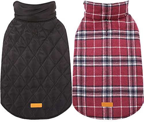 Kuoser Hundemantel Winter für Mittelgroße Hunde - Fleece Wasserdicht und Warm, Outdoor Hundejacke Mit Geschirr Loch, Karierte Wendejacke, M