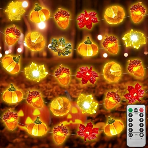 TaimeiMao Luce Decorativa del Ringraziamento, 3 Meters 30 Led Luci Ghirlanda di Foglie di Acero, 8 Modalità Luci Fatate Foglie di Acero Zucca Ghianda, Decorazioni Autunnali Halloween Ringraziamento