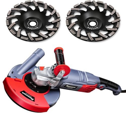 FANZWORK 1750 W/180 mm Levigatrice per Cemento Set, 2 Dischi Qualità, Velocità Massima 10.000 giri/m,Levigatrice Pavimenti con Cappa Antipolvere Removibile, Manico a L,Velocità Regolabile