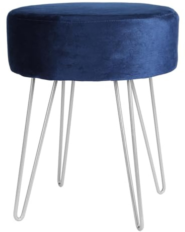 Harbour Housewares Velvet Round Foot Stool - Blue with Silver Legs - Small Modern Dressing Table Pouffe Footstool Vanity Seats Vanity Chairs Footstools for Living Room, Bedroom