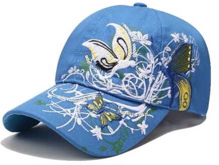 PACDE Butterfly Full Embroidered Women Baseball Cap Fashion Sequins Adjustable Strap Cotton Sunlight Bowler Hat Blue