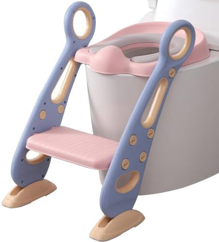 Topfchentrainer Mit Leiter Einstellbar Toilettensitz Mit Treppe Mit PU-Kissen, Zusammenklappbar Toilettentrainer Mit Treppe Für Jungen Und Mädchen, Belastbarkeit 80kg ( Color : Purple , S : 42.6*55*41
