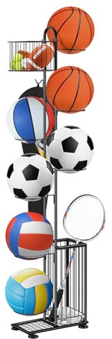 smusei Ballständer Metall, 7 Stufige Ball Aufbewahrungsregal Vertical Ball Rack Halter mit 2 Körben & Haken, Zimmer Outdoor Sportgeräte Organizer für Basketball, Fußball, Volleyball usw