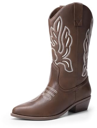 DREAM PAIRS Cowgirl-stövlar för kvinnor i mitten av vaden cowgirlstövlar broderi sydda västerländska stövlar
