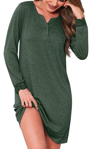 Jahetuul Camisones de Mujer Algodon con Botones Camisones Mujer de Manga Larga Camison Mujer Dormir con Escote en V y Mangas de Encaje Batas de Casa Mujer