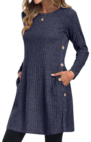 GRECERELLE Womens Winter Jumper Dresses for Women UK Ladies Dresses Tunic Knitted Long Sleeve with Pockets Side Buttons Dress (Navy Blue, XXL)