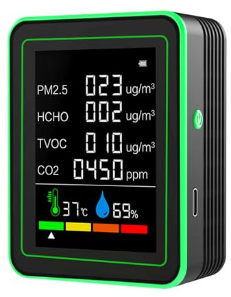 Kocusu Air Quality Monitor Indoor, 6 in 1 CO2 Monitor with LCD Display,CO2 Detector Sensor,Carbon Dioxide Detector with HCHO,TVOC,PM2.5,Temperature,Humidity for Home,Office,Car(Black)