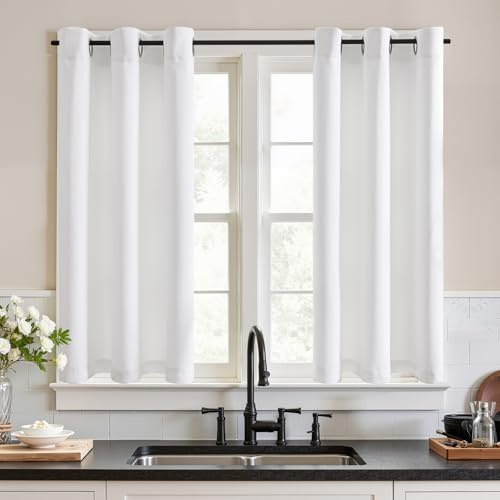 TOPICK Juego de 2 visillos de cocina blancos, 115 x 90 cm, opacas, para salón, dormitorio, oscurecidas, con ojales, estilo rústico, modernas, cortas, oscurecidas