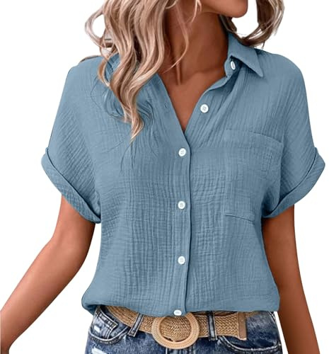 Chemisier Femme Chic Et éLéGant Coton Et Lin Chemise T-Shirts à Manches Courtes Tee Shirt Femme Col V Chemise Tunique Tops avec Boutons D'éTé DéContractéS Ample Couleur Unie Blouse VêTements