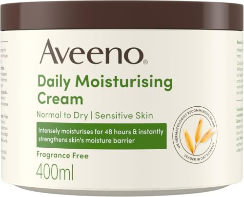 Aveeno Daily Moisturising Cream (1 x 400ml), Fragrance-Free Moisturiser, Long-Lasting 48 Hour Moisturisation, Body Cream with Nourishing Oat and Shea Butter for Healthy Looking Dry & Sensitive Skin