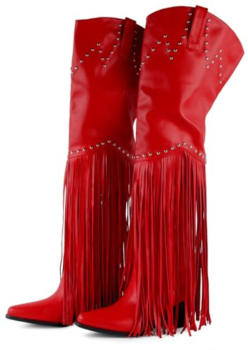 FancyQueen Fringe Thigh High Boots, Wide Calf Studded Over the Knee Cowboy Cowgirl Boots for Women with Zipper and Chunky Block Heels, Western Booties