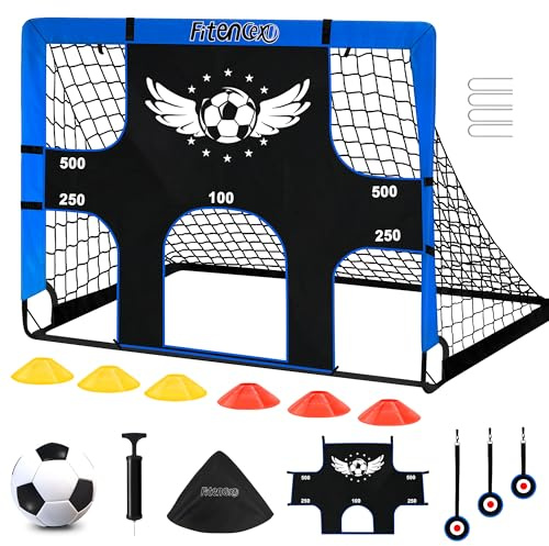Fitencexu fotbollsmål barn med glasfiberram – 5-håls målvägg + 3 mål och 6 hinder. Väderbeständigt 120 x 90 cm set för trädgårdsträning, vikbar med bärväska och jordspett