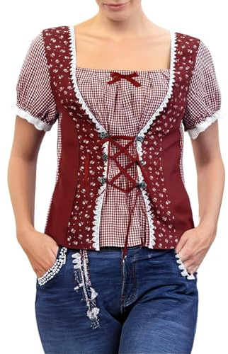 Chemise Country Mode Bavaroise pour Femme Ensemble Bavarois Chemise Bouffante Femme Dirndl Blouse Deguisement Oktoberfest Tenue Fete de la Biere Chemisier Tee Shirt Blanc Dentel