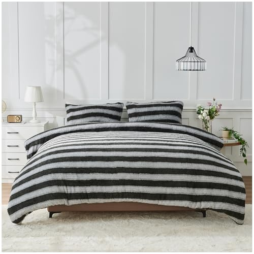 GC GAVENO CAVAILIA Luxury Fleece Duvet Cover - Paige Stripe Double Bedding Set - Soft, Warm Winter Teddy Duvet Set with Pillowcases - Easy Care Comforter Bed Linen Double - (200x200cm), Charcoal/Grey