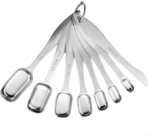 Juego de 8 cucharas medidoras de acero inoxidable con mango largo para ingredientes secos y líquidos con nivelador de 1/8 cucharada a 1 cucharada, herramientas de cocina para cocinar y hornear