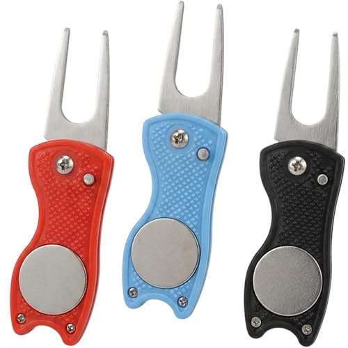 NieYat 3 Stück Pitchgabel, klappbare Pitchgabel Golf, robuste Golf Pitchgabel, praktisches Golf Zubehör, Edelstahl Werkzeug mit magnetischem Ballmarker für Golfplätze