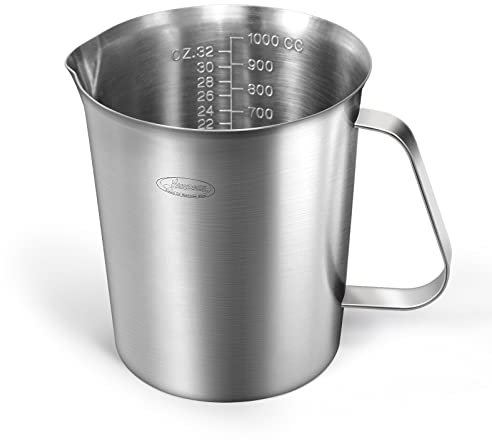 Newness Messbecher Edelstahl, 1000 ML [3 Messskalen, einschließlich Cups, ML, OZ Skala] Milchkännchen mit Markierung mit Griff, Messkanne Milk Pitcher, Edelstahl Messbecher 1l