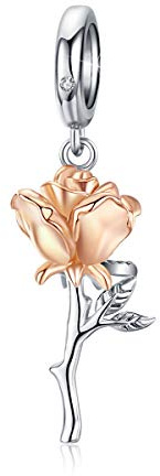 Pendentif en forme de rose 3D en argent sterling 925 plaqué or rose, compatible avec bracelets et colliers Pandora