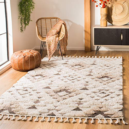 SAFAVIEH Tapis Shag pour Salon, Salle à Manger, Chambre à Coucher - Moroccan Tassel Shag Collection, Tapis à Poil Court, Ivoire et Marron, 91 X 152 cm