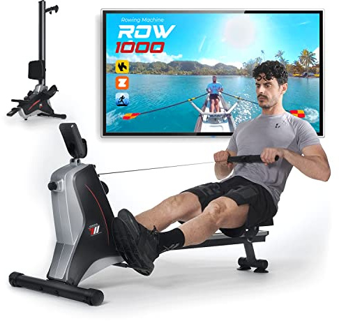 YM Row 1000 Rudergerät, faltbar, für Zuhause, leise und ergonomisch, robust und kompakt, 8 Stufen, Bluetooth + App Coach Training und Video (Kinomap), Gleitschiene aus Aluminium