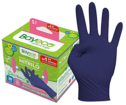 Bayeco – Gants à usage unique – Nitrile – Bleu foncé – Ambidextres – Doigts texturés pour une meilleure prise en main – Convient pour les personnes allergiques au latex – Lot de 30 – Taille S